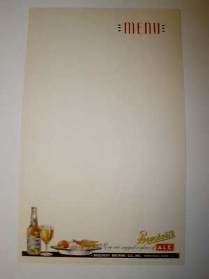Lot of 10 Vintage Brockert's Ale-Beer Blank Menu , Worcester MA breweriana