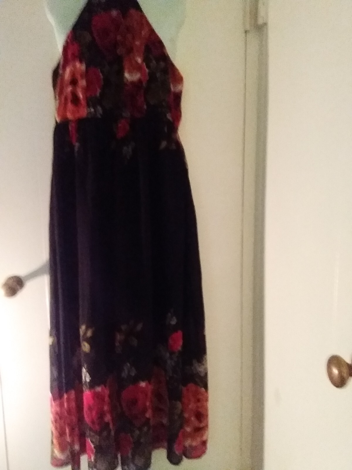 Long Black Floral Print Sundress Button Neck-Tie Back Wide Shoulder Straps Med-image