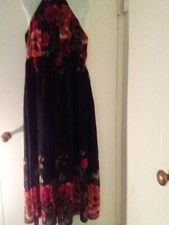 Long Black Floral Print Sundress Button Neck-Tie Back Wide Shoulder Straps Med