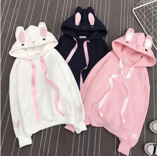 Womens Girls Fashion Cute Ears Embroidery Hooded Pullover Hoodies
