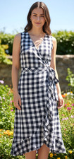Tokito Dress Size 14 NWT Checked Navy & White Faux Wrap Midi Linen Blend Party