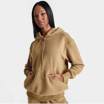 Women's Nike Teddy Best Plush Pullover Hoodie Sz  Med Light Brown Pink Logo A10