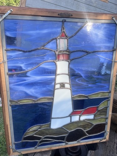 Vintage Tiffany Style Stained Glass Beach Lighthouse Hanging Ornament 21" x 17" - Picture 9 of 14