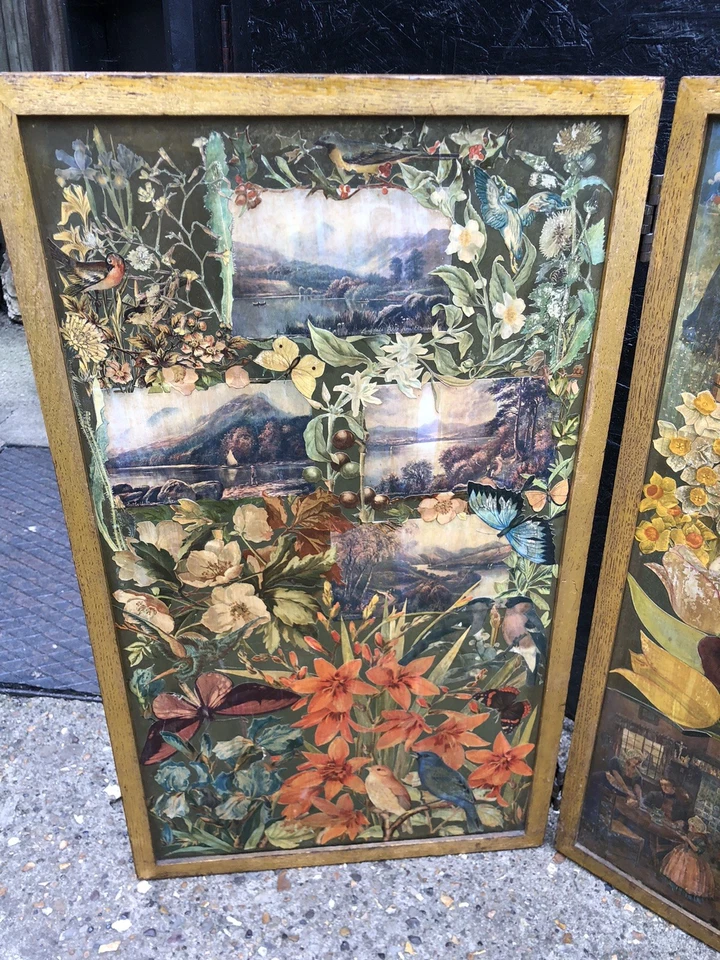 Antigua mesa de piso victoriana decoupage pantalla de tres paneles hecha a mano arte popular Foto 4 de 4