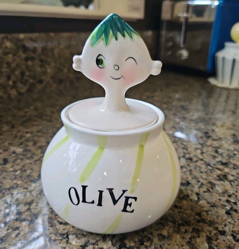 Vintage Anthropomorphic Swirl Girl Olive Flat Head Pixieware Jar Holt Howard Era