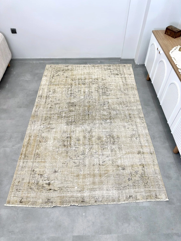 Alfombra antigua beige 6x9, alfombra turca Oushak, tejida a mano, alfombra de lana hecha a mano Foto 4 de 4