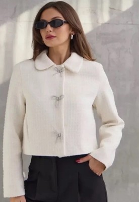 ZARA FW24 WOMAN Short Textured BOW BUTTON JACKET S ECRU 8711/123 NWT