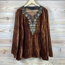 Venezia Velvet Tunic Woman Plus 26/ 28 Embroidered Pumpkin Orange Blouse Boho