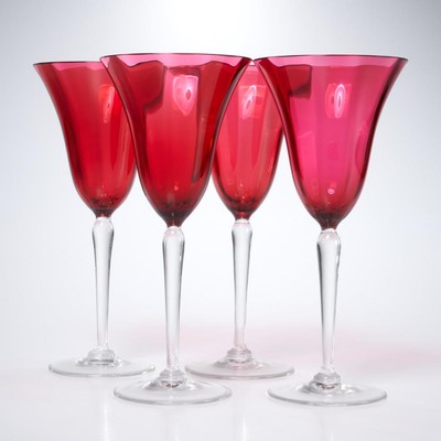 Vintage Cranberry Ruby Glasses Clear Stem Set of 4 Wine 8.5''h Bohemian B