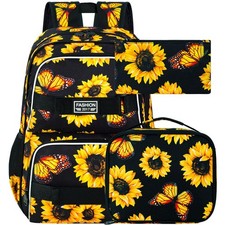Mochila escolar de girasol de 3 piezas para niñas, bolsa de libros de 17 pulgadas con lonchera, duradera...