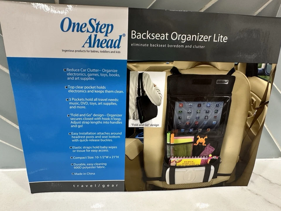 NUEVO ORGANIZADOR DE ASIENTO TRASERO One Step Ahead se adapta a todos los asientos con canastilla de coche, ajustable nuevo con etiquetas Foto 2 de 4