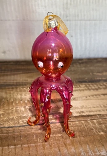 Blown Glass Octopus Christmas Ornament 5" Tall