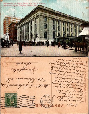 Seattle Federal Building Postcard 1910 Intersection Union Third Ave Handwritten