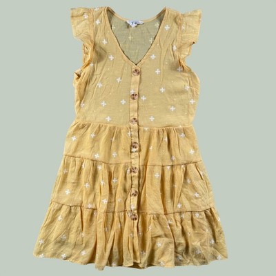 Sweet Wanderer Dress Women L Yellow Ruffle Tiered Boho Button Front Sun Summer
