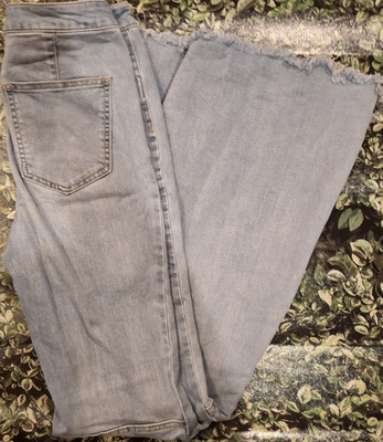 Free People Light Blue Flared Denim Jeans Frayed Hem Solid Cotton Women's