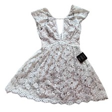 Lulus Women Plunge Mini Flare Dress XSmall Bridal Cocktail White Floral Lace NEW