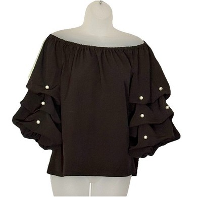 CeCe Black Off-Shoulder Ruffle Blouse with Pearl Details, Size Large