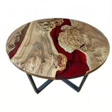 Red Epoxy Resin Round Table Top Live Edge Wood & Counter Desk Custom Furniture