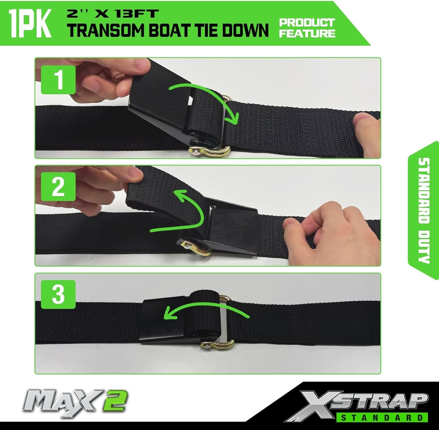 1PK 2''x 13' Gunwale Transom Boat Tie-Down, Marine Boat Trailer Strap with Hooks