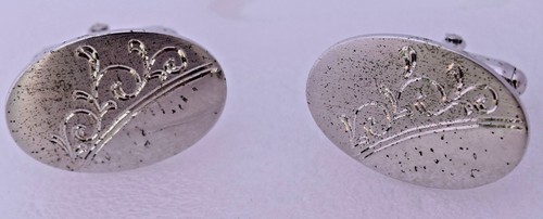 Sterling Silver Etched Oval Leaf Stem Flower Design Cufflink Vintage Engraveable