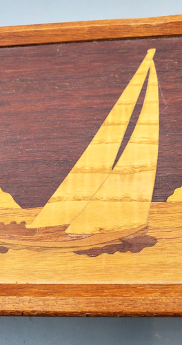 Scatola in legno intarsiata paesaggio nautico barca a vela e faro design artigianale - Foto 9 di 11