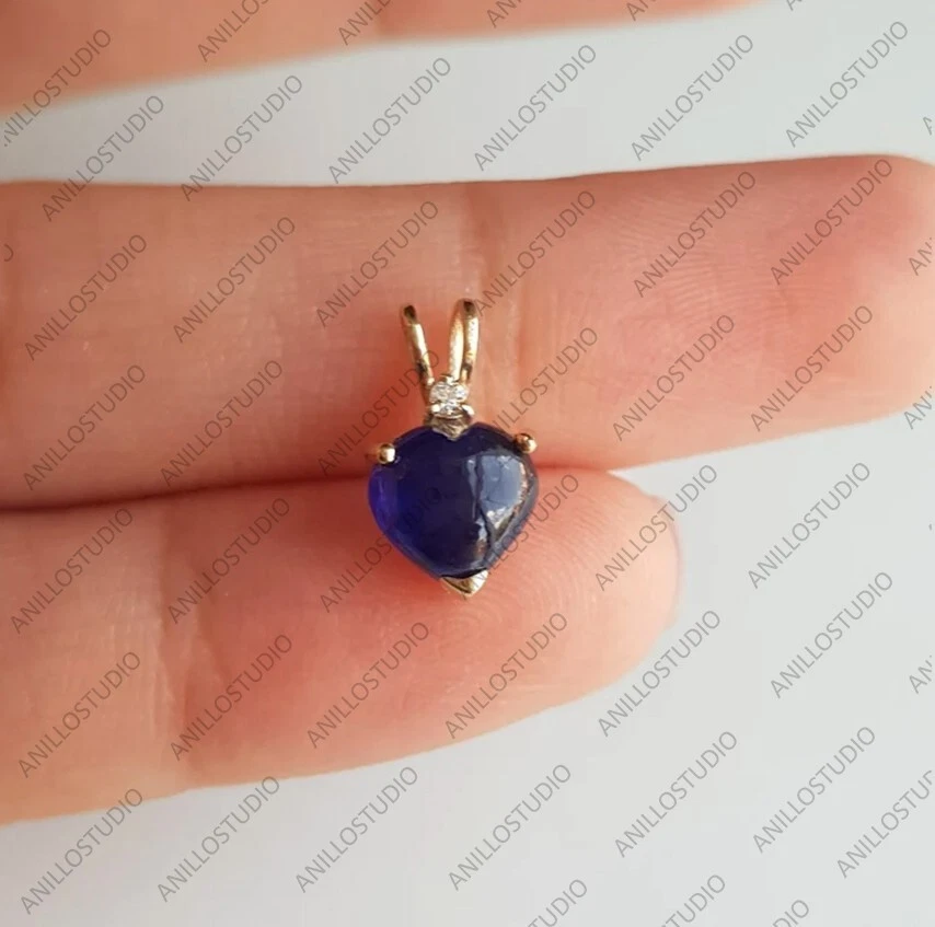 Colgante solitario corazón zafiro azul dije para collar, aro oro amarillo 14k Foto 4 de 4