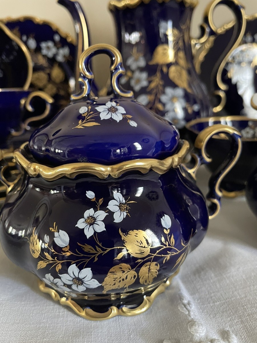 21pcs LINDNER KUEPS BAVARIA ECHT Cobalt &Gold Teapot Cups Saucer