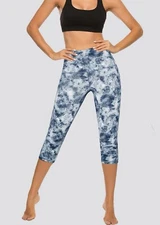 STELLE Blue & White Tie Dyed Performance High Rise Capri Leggings Small