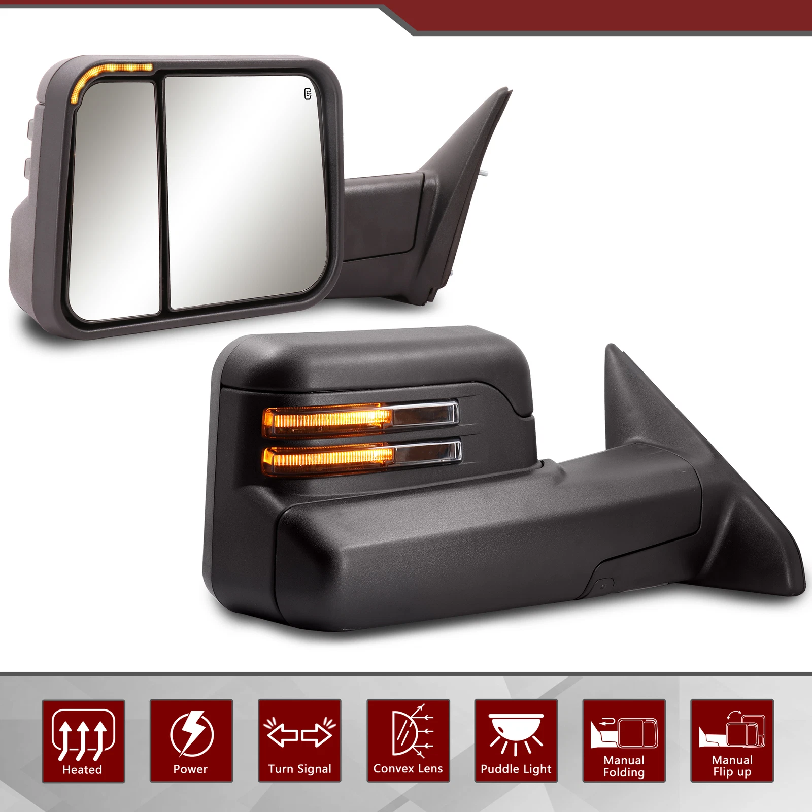 Pair Manual Flip-Up Tow Mirrors Smoked Lens for 09-18 Dodge Ram 1500 2500 3500