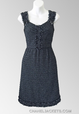 $4,965 CHANEL Fringed Braid Trim Navy / White Tweed DRESS * FR 40 / US 6