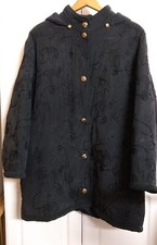 Womens Black Silk Coat Unique Embroidery Kangaroos Lined Button Front Hood Used