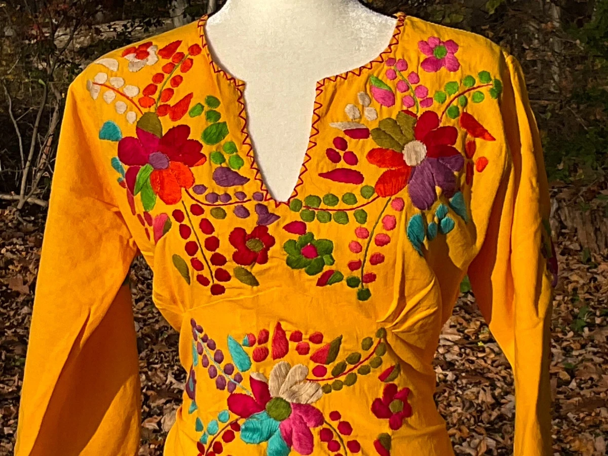 Handmade Mexican Dress Embroidered 3 4 Sleeve Floral Black M L K77