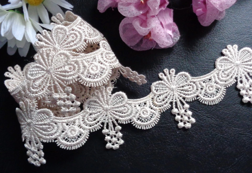 1 3/4 inch wide embroidered trim natural/light peach  color selling by the yard - Image 2 of 2