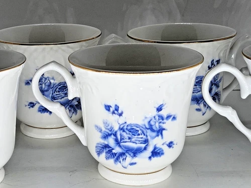 Vintage Gibson Housewares China Tea Cups Blue Rose & Leaves Saucers Lot of 7