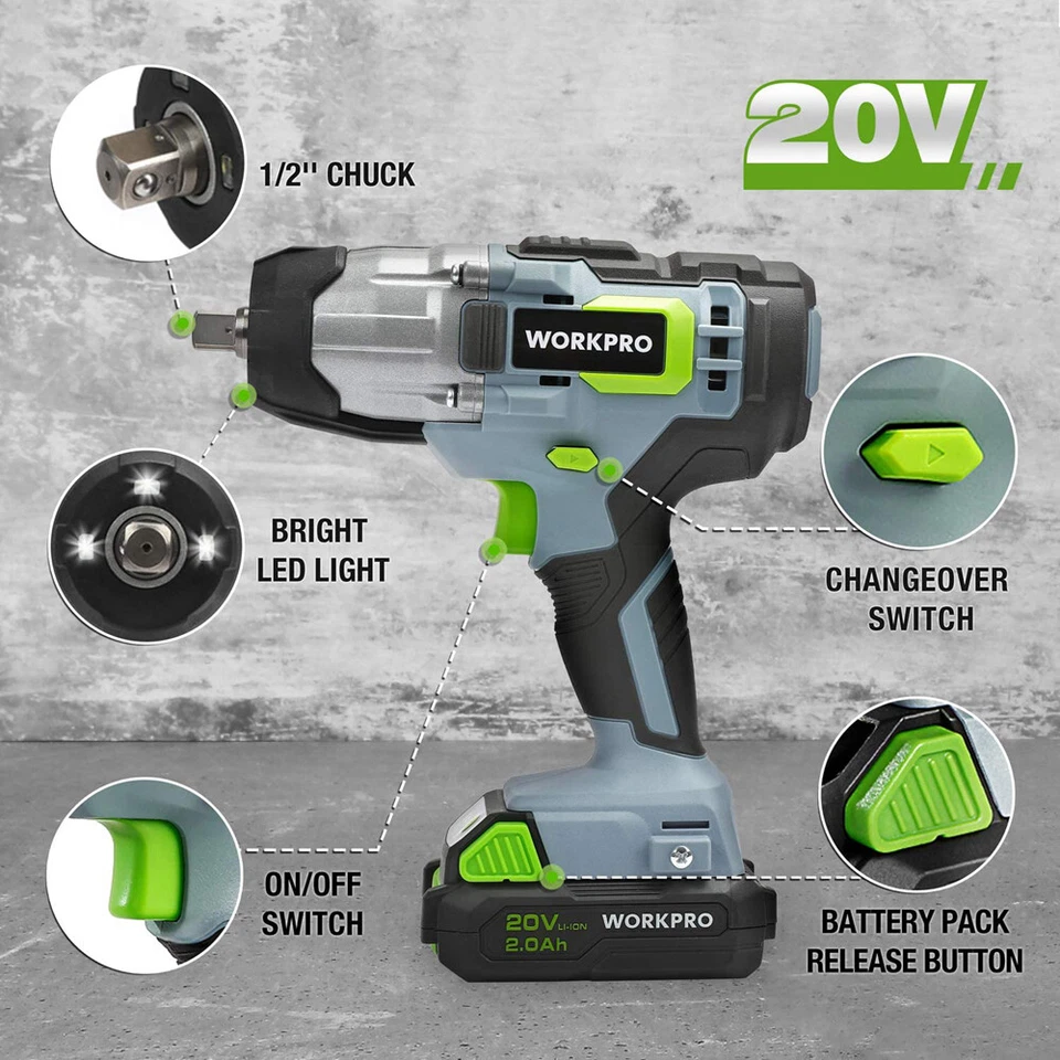 WORKPRO Impact Wrench 20V Cordless 1/2",2.0Ah Li-ion Battery with Quick Charger - Image 2 of 4