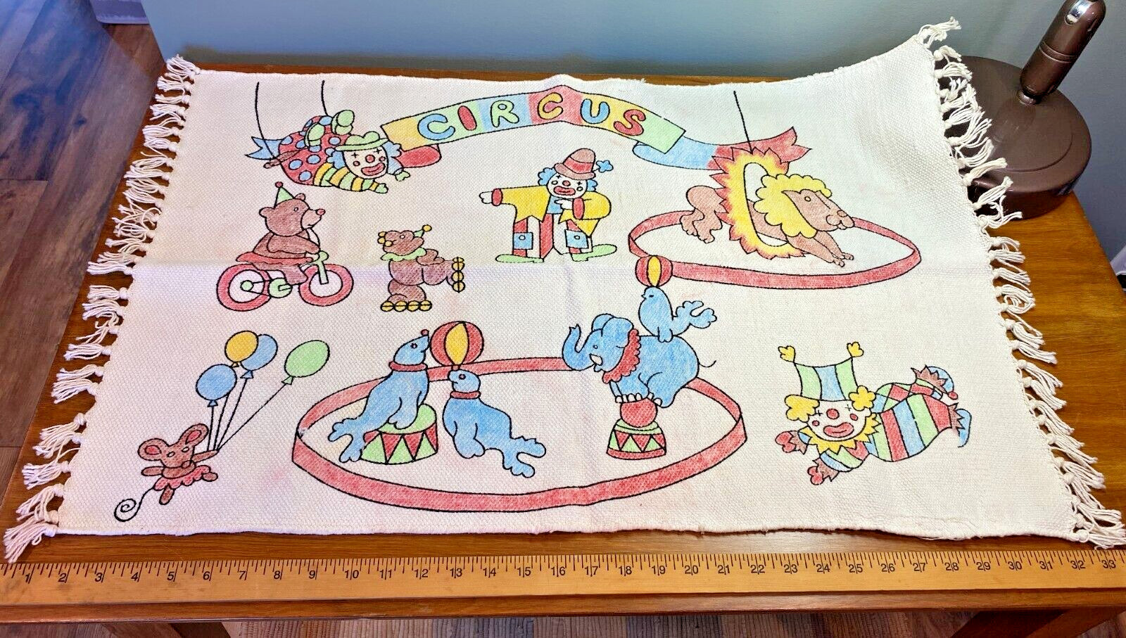 Nursery Circus Themed RUG India Handwoven Clowns Animals Colorful 21x34 Cotton