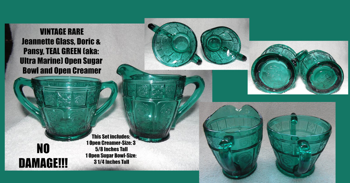 Jeannette Glass Ultramarine Doric & Pansy Reg Size Creamer & Open Sugar, RARE!