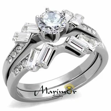 1.65 Ct Round & Baguette Cut CZ Stainless Steel Wedding Ring Set Women's Sz 5-10