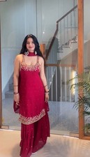 New Arrival Faux Georgette Maroon Top Palazzo With Dupatta For Party Wear