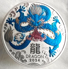 2024 Australia 1 oz Silver Lunar Dragon BU Perth Mint Coin Blue Colorized