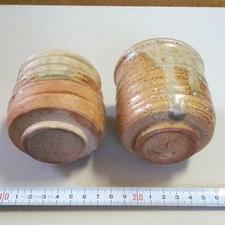 Japanese  Kasama Ware Couple's Set Beige Tea Bowls with Green Glaze  Used