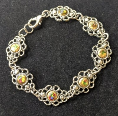 Silver-tone Bracelet, Seven Filigree Panels, Unique Swirled Enamel Center, 7.5''