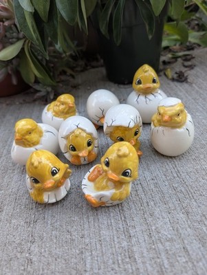 Vintage Ceramic Hatching Chicks In Egg Shell Figurines Lot Of 9 Easter Spring