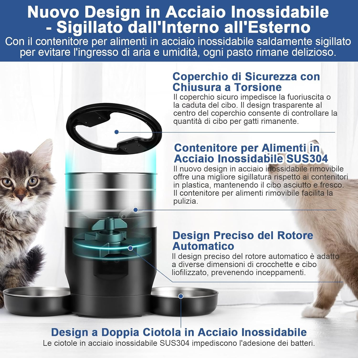 Dispenser Automatico Gatti 5L WiFi Design - 2 Ciotole Acciaio Inox - 4