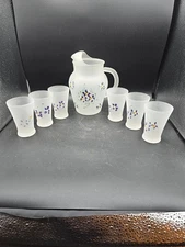 Frosted Glass Hand Painted Juice Pitcher And Glasses Purple Flowers Vintage 