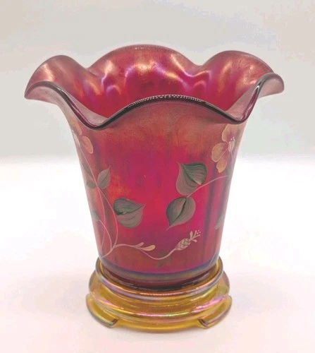 Fenton 100th Anniversary Ruby Red Glass  Founder's Vase Hand Painted With Base