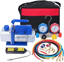 SINOCMP 4-Way Valve AC Manifold Gauge Set Kit, 4CFM Single Stage 110V 1/3 HP HVA