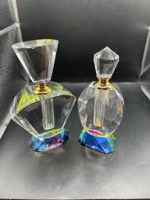Set Of 2 Art Deco Crystal Aurora Borealis Prism Perfume Bottles 5 & 5.5 Inches