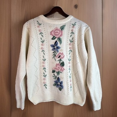 Vintage Sweater S Embroidered Flowers Romantic Feminine Cream Granny Cottagecore