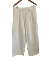 Mng Ladies Cream Off White Wide Leg High Waist Dress Pant Cropped Pleated